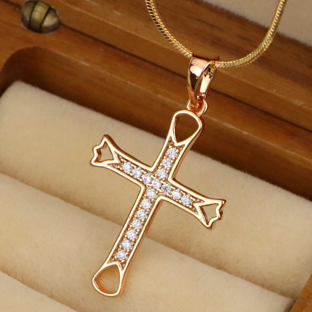 "Elegant Rose Gold Cross Pendant with CZ Stones and Cutout Design, XPPT1848